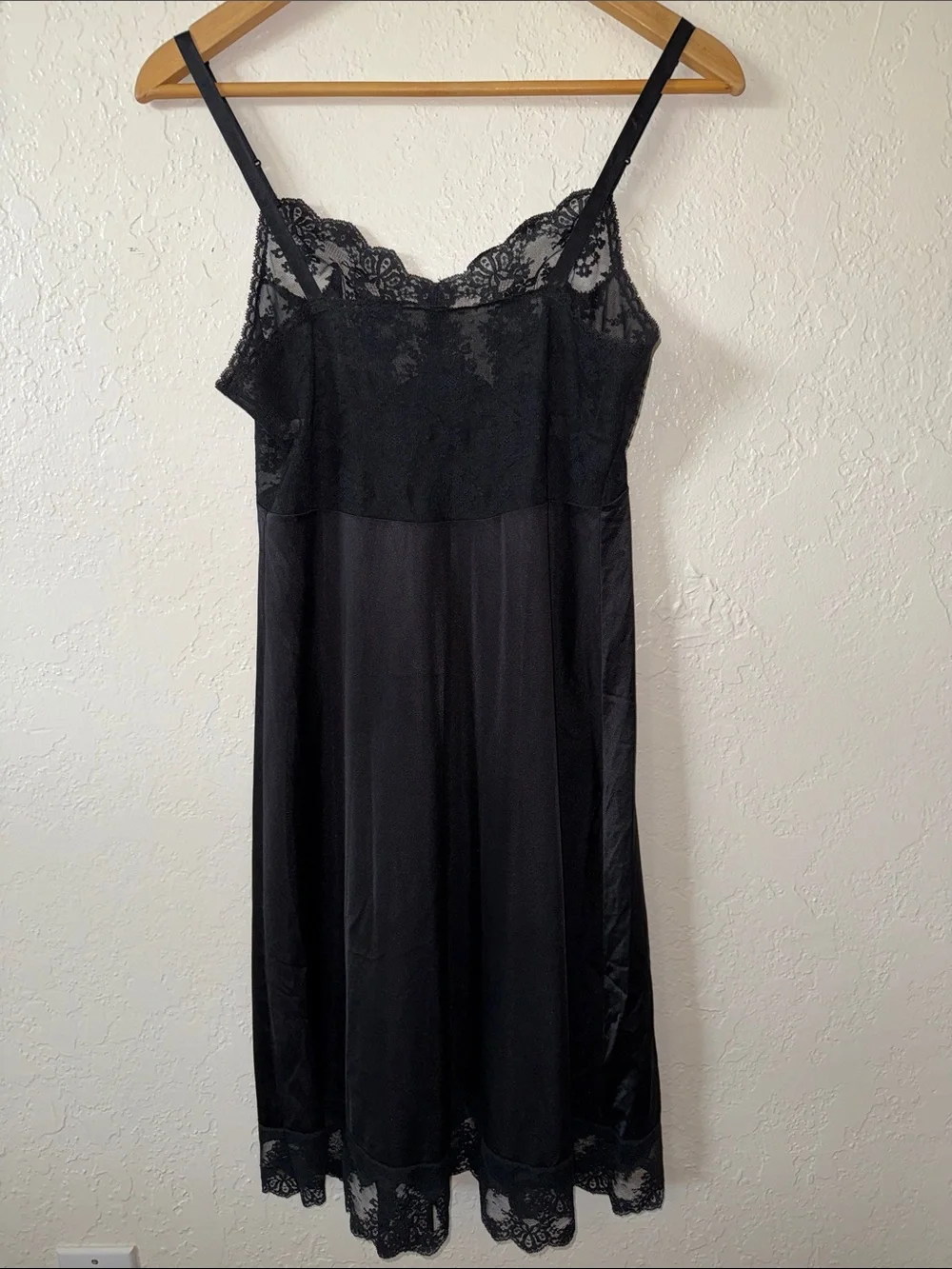 Vintage 70s Shadowline Black Nylon Lace Slip Dress 36 Tall - Sheer Lace Bust